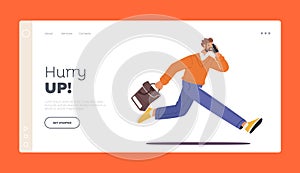 Businessman with Bag and Phone Hurry Up Landing Page Template. Business Character Late in Office, Businessman Hurry