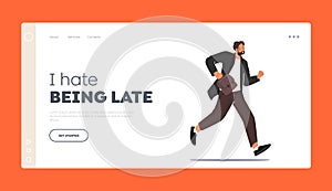 Businessman with Bag Run, Stress Landing Page Template. Business Character Late in Office, Anxious Businessman Hurry