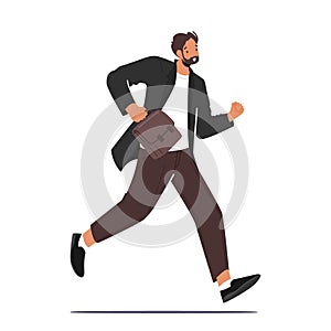 Businessman with Bag Run, Stress Work Situation Concept. Business Character Late in Office, Anxious Businessman Hurry