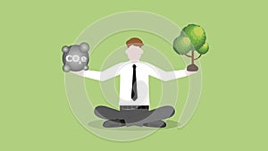 Businessman balance pollution and tree in hand