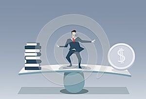 Businessman Balancing Between Books Stack And Money Coin Risk Business Stability Concept
