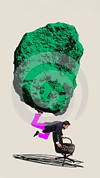 Businessman balancing with hands on chair and holding giant stone. Overcoming difficulties. Contemporary art collage