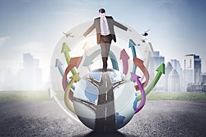 Businessman balancing himself walking on a globe