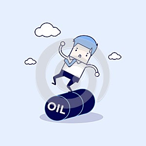Businessman Balancing on Oil Barrel Rolling. Cartoon character thin line style vector