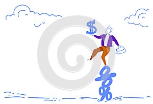Businessman balancing percent holding dollar financial pyramid money risk concept doodle sketch horizontal