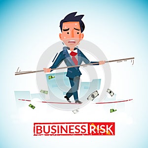 businessman balancing on rope, business risk concept with typographic for your header design - vector