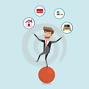 Businessman balancing on sphere and juggling finance debt icons. Financial and money management concept.