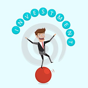 Businessman balancing on sphere and juggling investment finance. Financial and money management concept.