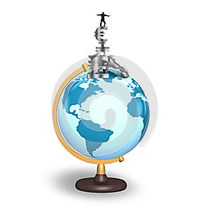 Businessman balancing stack money symbols on terrestrial globe