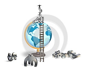 Businessman balancing stack money symbols on terrestrial globe