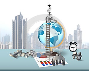 Businessman balancing stack money symbols on terrestrial globe