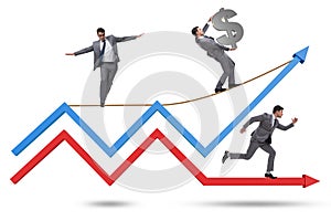 Businessman balancing on tightrope on line chart