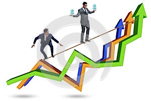 Businessman balancing on tightrope on line chart