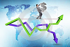 Businessman balancing on tightrope on line chart