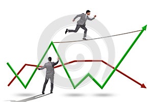 Businessman balancing on tightrope on line chart