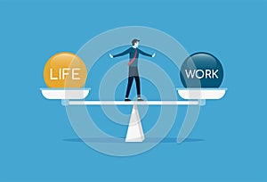 Businessman balancing work and life on scale vector illustration