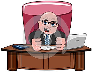 Businessman Bald Cartoon Angry Boss Desk