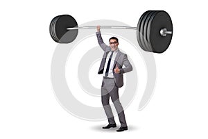 The businessman with barbell in heavy lifting concept