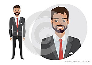 Businessman with beard in formal suit. Full length portrait of Cartoon Businessman. Character for rigging and animation