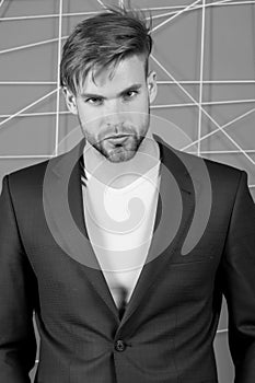 Businessman with bearded face, haircut. Man in formal suit jacket, tshirt, fashion. Mens fashion style and dress code. Busin