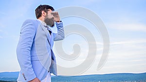 Businessman bearded face sky background. Changing course. New business direction. Looking for opportunities and new