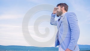 Businessman bearded face sky background. Changing course. New business direction. Looking for opportunities and new