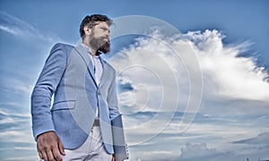 Businessman bearded face sky background. New business direction. Changing course. Looking for opportunities and new