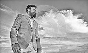 Businessman bearded face sky background. New business direction. Changing course. Looking for opportunities and new