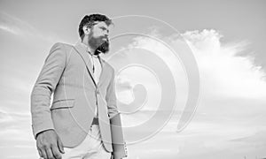 Businessman bearded face sky background. New business direction. Changing course. Looking for opportunities and new