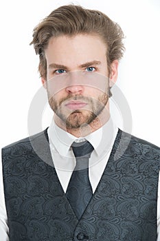 Businessman, bearded man or serious gentleman in waistcoat and tie