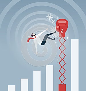 Businessman being hit by a big boxing glove and falling from growing rate graph- Business concept vector