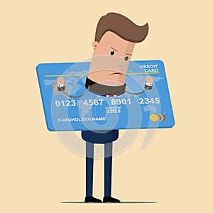 Businessman being imprisoned by the debt of a credit card. Business and finance concept. Vector illustration