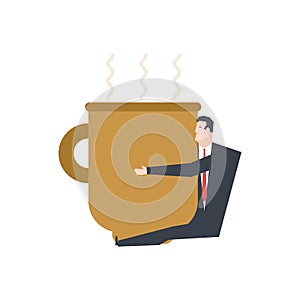 Businessman in big coffee mug. Boss hug coffee. office life vector illustration.