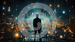 Businessman in big data management, performance indicators dashboard concept