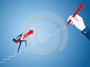 Businessman big hand drawing a line leading to the goal. Businessman with red arrow sign walking on the stairs step to success