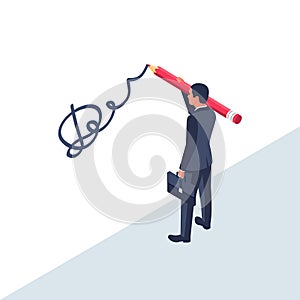 Businessman with big pen puts signature. Vector illustration isometric 3d design