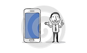 Businessman with big smartphone. online marketing presentation business concept. isolated illustration outline hand drawn d