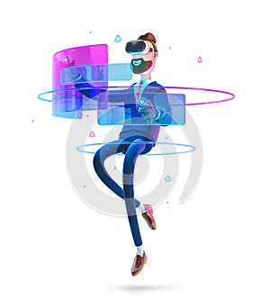 3d illustration. Businessman Billy using virtual reality glasses and touching vr interface. photo