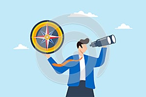 Businessman with binoculars and compass trying to find business profit