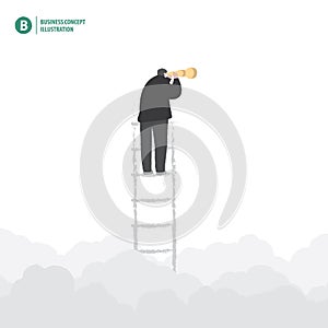 Businessman binoculars on the ladder with cloud in the sky on white background illustration vector. Business concept.