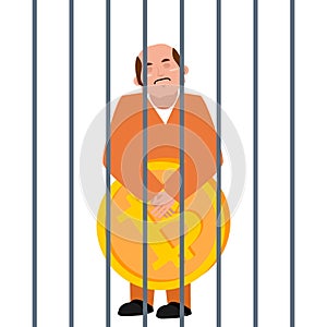 Businessman and bitcoin. Not a legal crime Cryptocurrency . Criminal in prison. Vector illustration