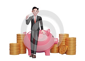 businessman in black formal suit sitting on pig piggy bank and celebrating clenching hands