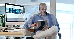 Businessman, black man and tablet for internet, social media and research in modern office with glasses. Face, african