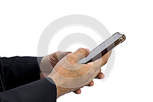 Businessman in black suit holding blank screen mobile phone with both hand