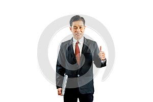 Businessman in black suit holding laptop and concede photo