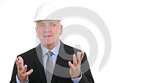 Businessman in Black Suit Wearing White Helmet Talking in a TV Interview