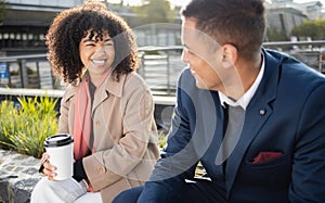 Businessman, black woman and conversation with coffee in city for planning, strategy or social discussion on break