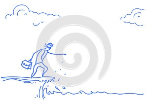 Businessman blind standing cliff gap abyss crisis risk concept sketch doodle