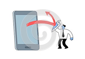 Businessman blocks red arrow coming from a smartphone. Internet block, anti-spam concept. Flat vector illustration