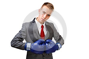 Businessman with blue boxing gloves